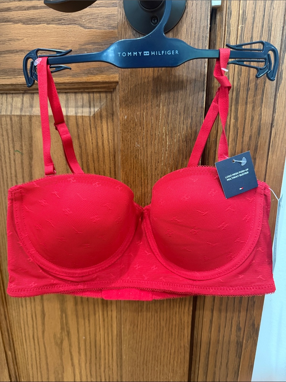 Tommy Hilfiger Bright Red Lace Balconette Bra with Adjustable Straps